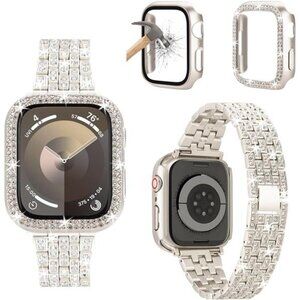 3-Pack Compatible With Apple Watch Band with Case, Bling Diamond Metal Strap